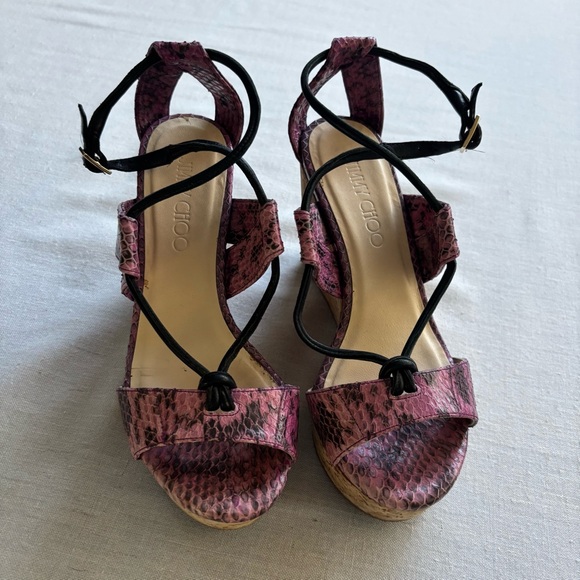 Jimmy Choo Nelson 100 Madeline Elaphe Cork Platform Wedge Sandals 6.5